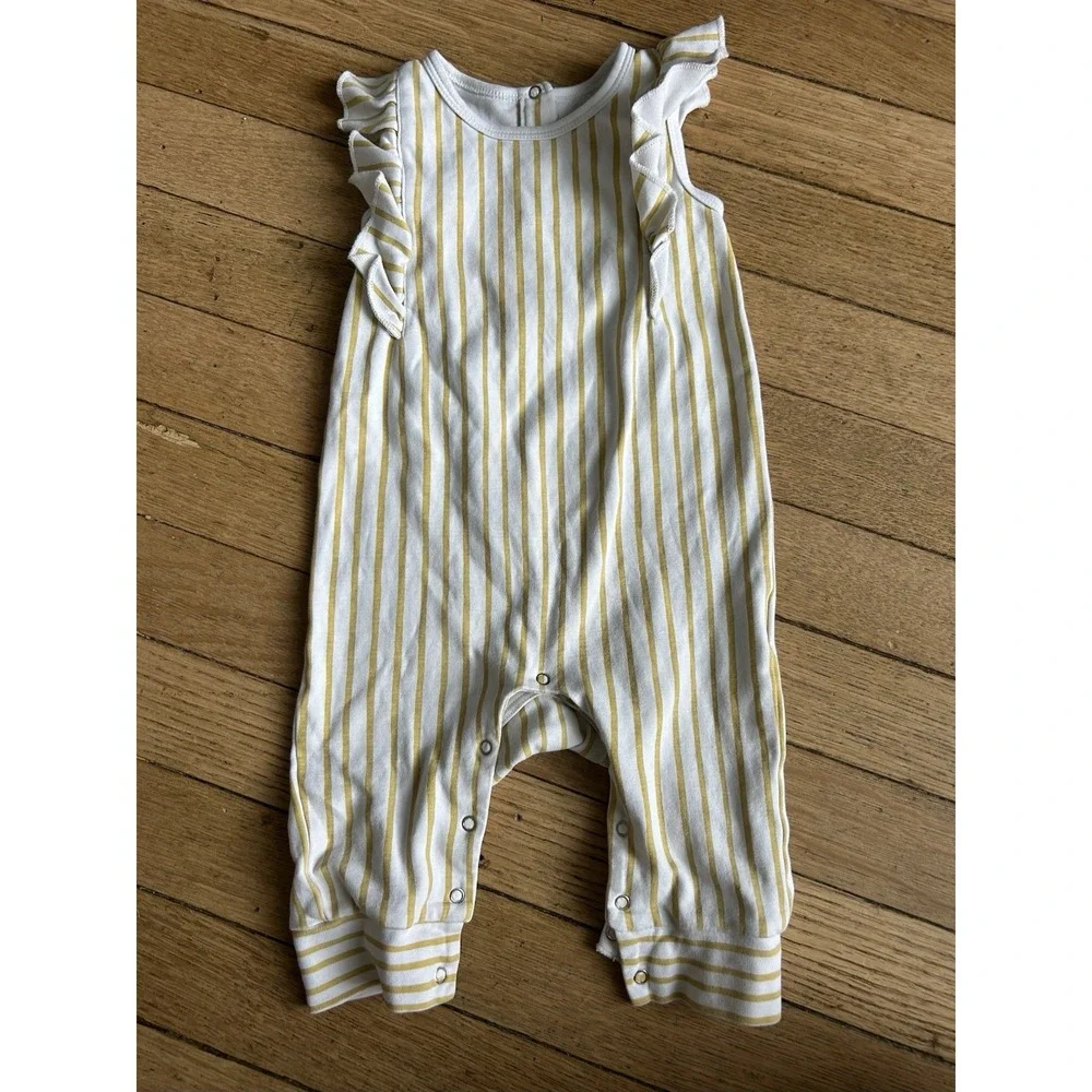 Pehr Baby One Piece Girls Romper, Stripes Away Marigold Ruffle 12-18 months